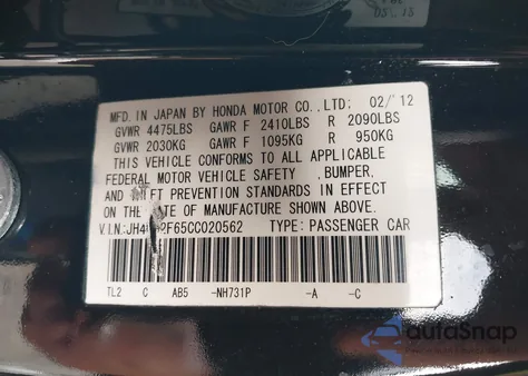 2012 Acura Tsx 2.4 z USA, uszkodzony, nr VIN JH4CU2F65CC020562